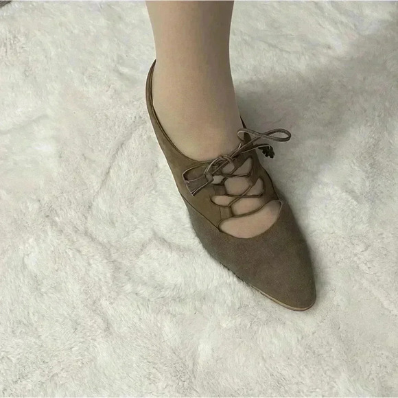 Vintage Salvatore Ferragamo Lace Up Suede Canvas Slingback Kitten Heels Beige - Picture 14 of 16